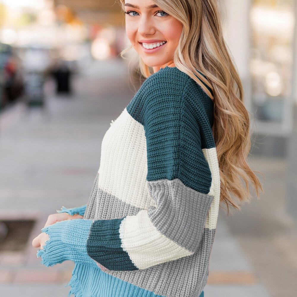 NWOT Sky Blue Colorblock Distressed Relaxed Fit Sweater
